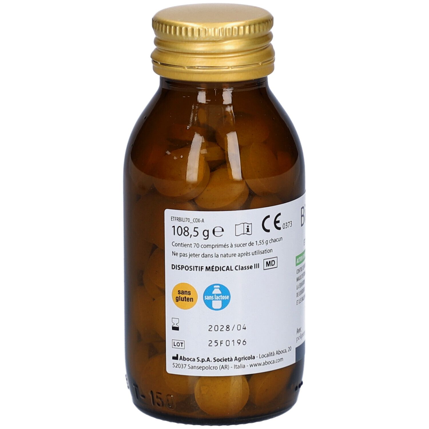 Flacon en verre brun avec bouchon doré. Étiquette avec informations produit et marquage CE.