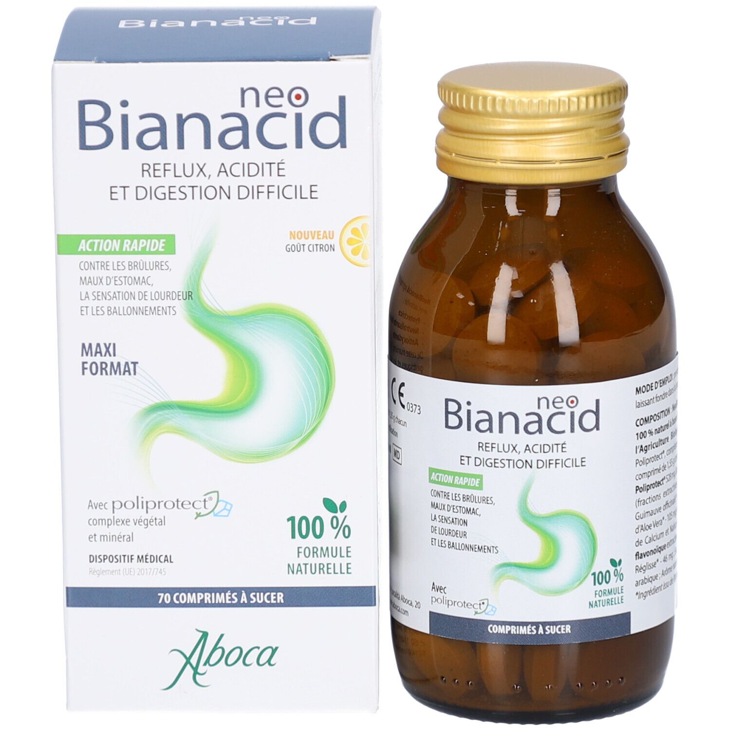 Emballage et flacon du produit. Boîte blanche avec nom du produit et flacon de comprimés.