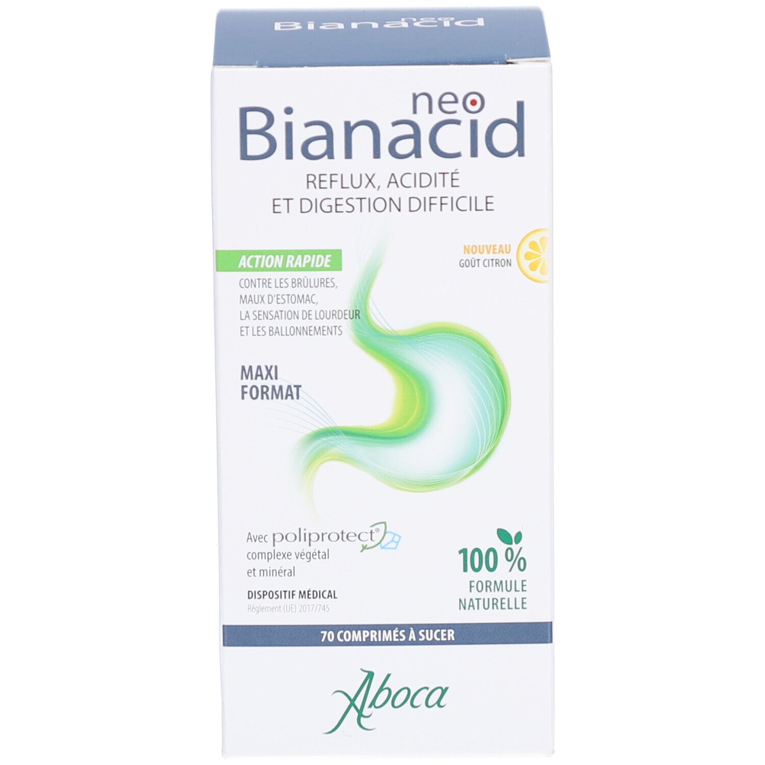 Emballage blanc du produit avec nom et logo. Contient 70 comprimés.