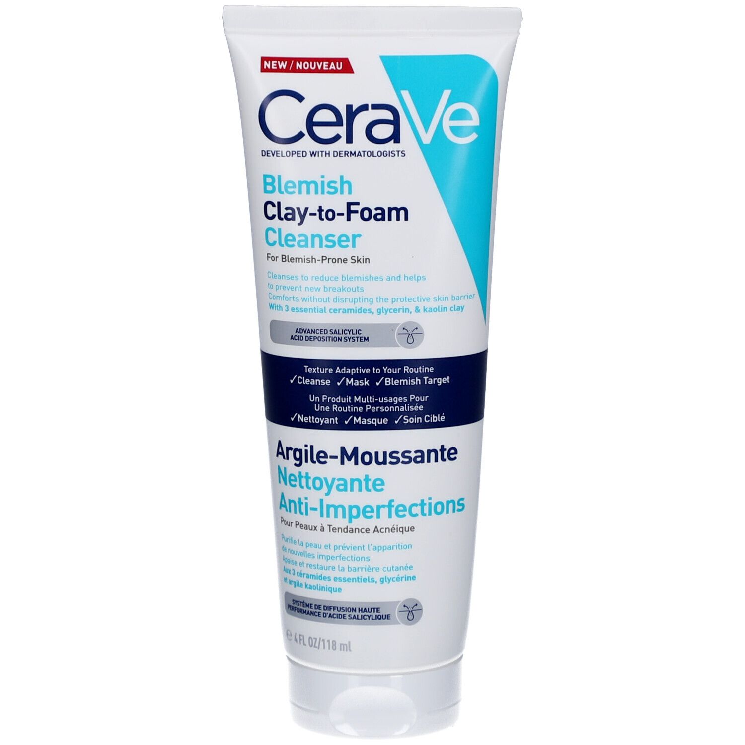 Tube blanc avec bouchon. Inscription CeraVe, Blemish Clay-to-Foam Cleanser. Texte en anglais et français. Emballage bleu et blanc.