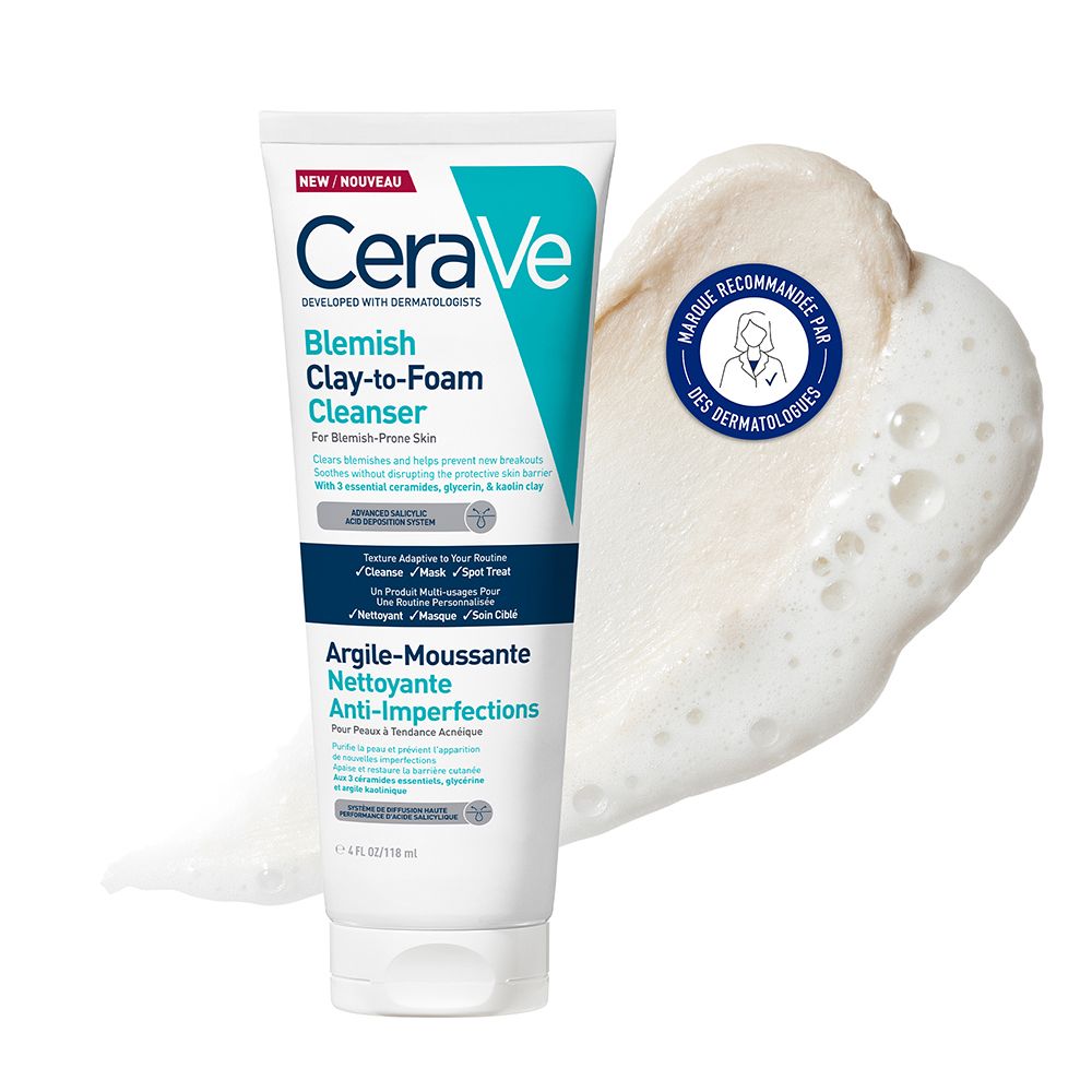 Tube blanc avec produit et mousse. Mousse avec recommandation dermatologique. Contient Argile Moussante Anti-Imperfections.