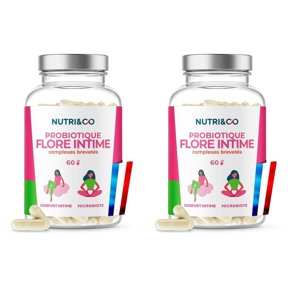 Deux flacons de NUTRI&CO Probiotique Flore Intime. Chaque flacon contient 60 gélules. Inscription : Confort Intime, Microbiote.