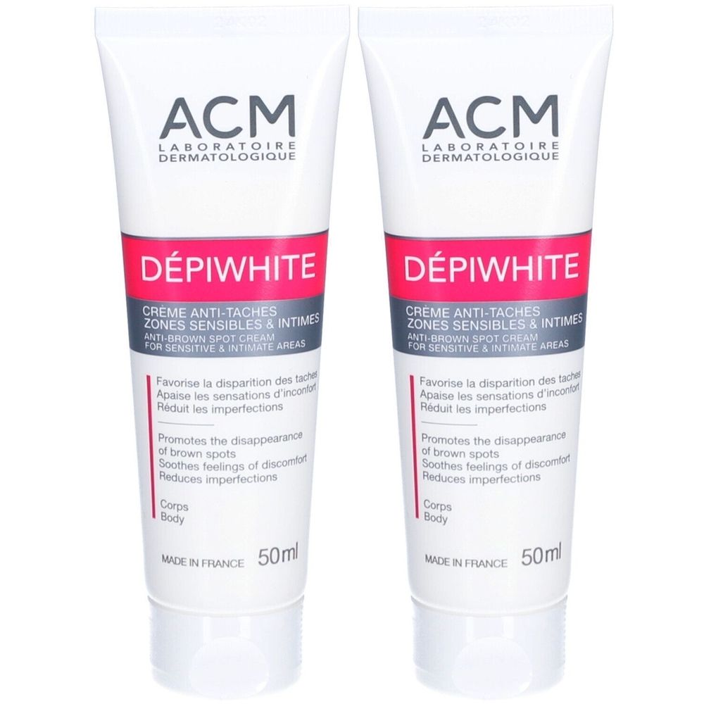 Deux tubes de crème DEPIWHITE. Blanc, avec texte rouge et noir. Informations sur les zones sensibles. 50ml.