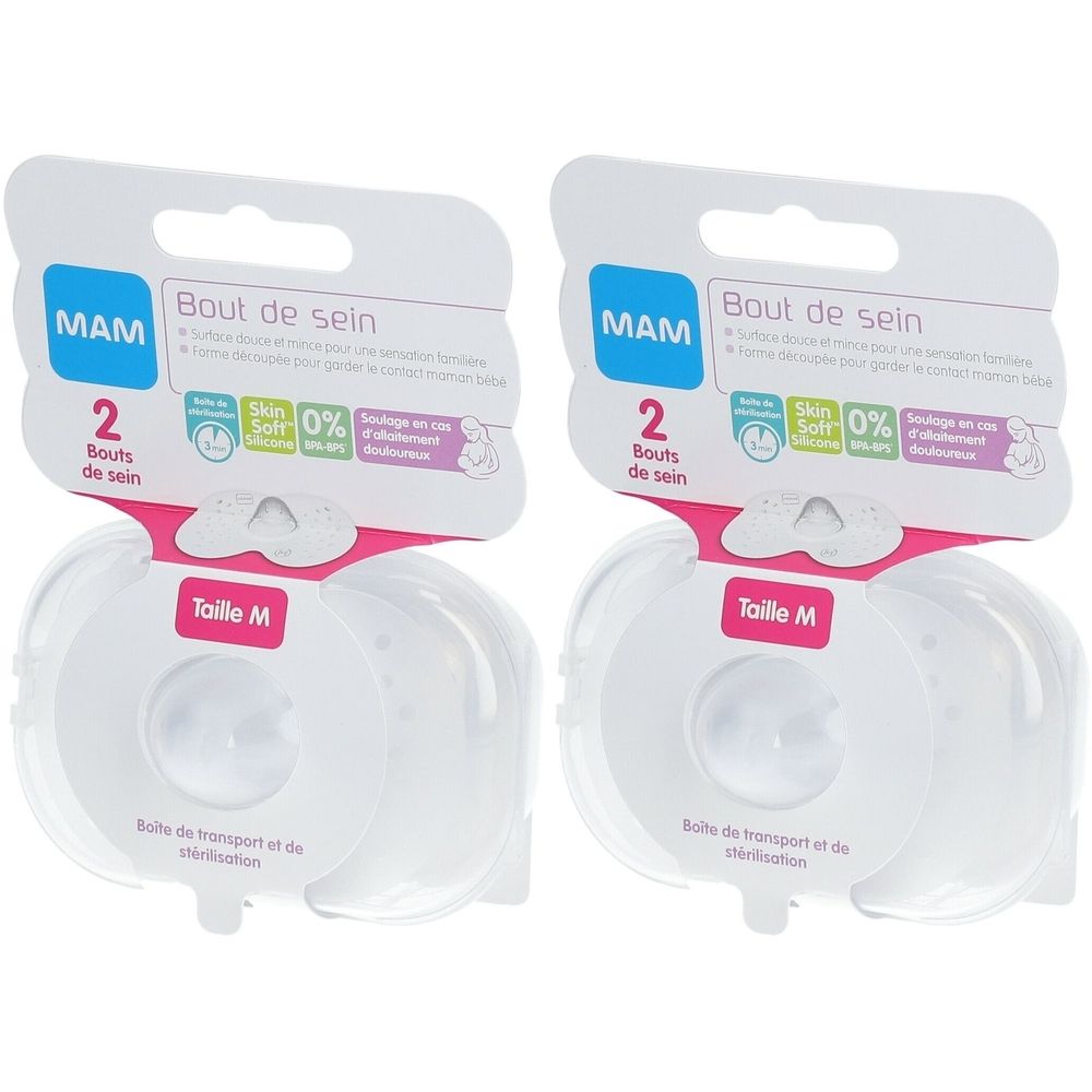 Deux protège-mamelons MAM, taille M, emballés. L'emballage porte la mention "Bout de sein" et "Taille M".