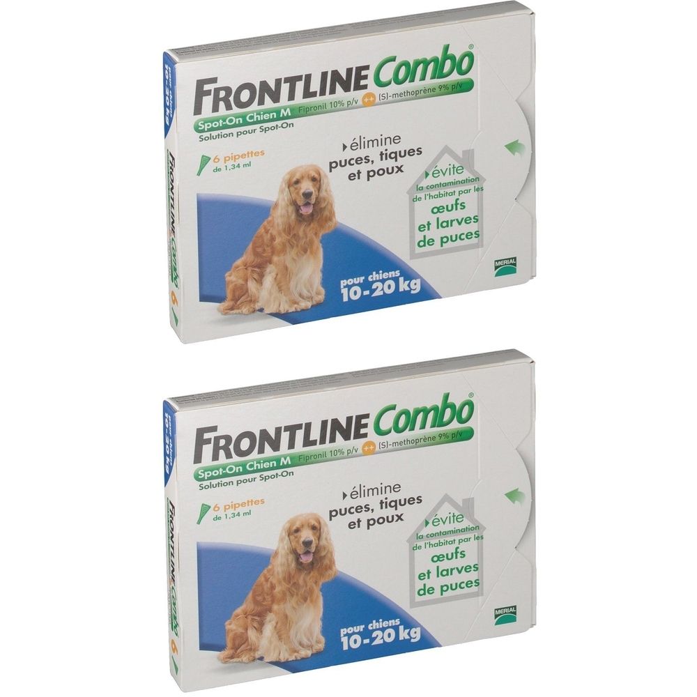 Deux boîtes de Frontline Combo. Inscription : élimine puces, tiques et poux. Pour chiens de 10-20 kg.
