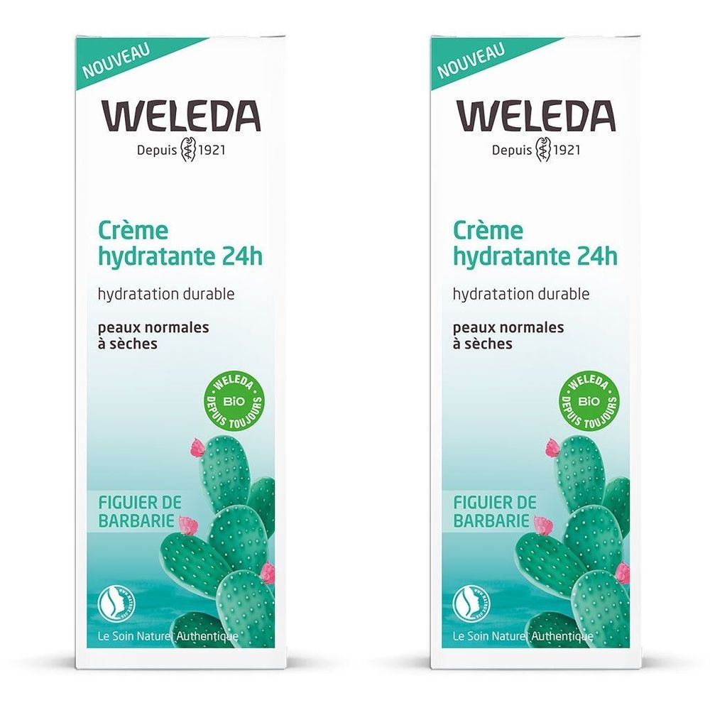 Deux boîtes blanches avec impression. En haut à gauche, "NOUVEAU". En dessous, "WELEDA Depuis 1921". Impression : Crème hydratante 24h, Figuier de Barbarie.