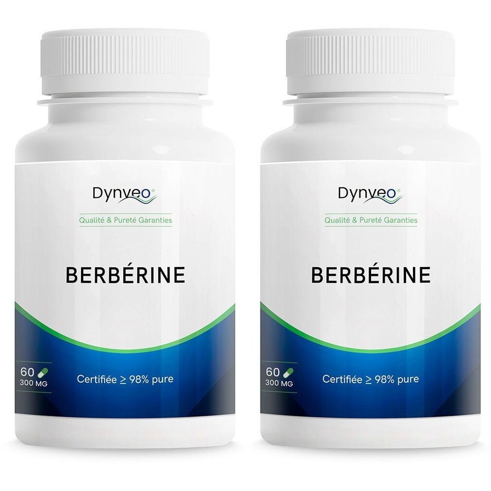 Deux flacons blancs de BERBÉRINE. Inscription: Dynveo, Qualité & Pureté Garanties, 60, 300 MG, Certifiée ≥ 98% pure.