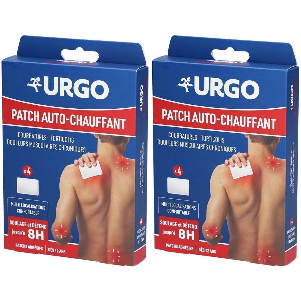 Deux boîtes bleues avec logo URGO et nom du produit PATCH AUTO-CHAUFFANT. Un homme est représenté avec un patch chauffant.