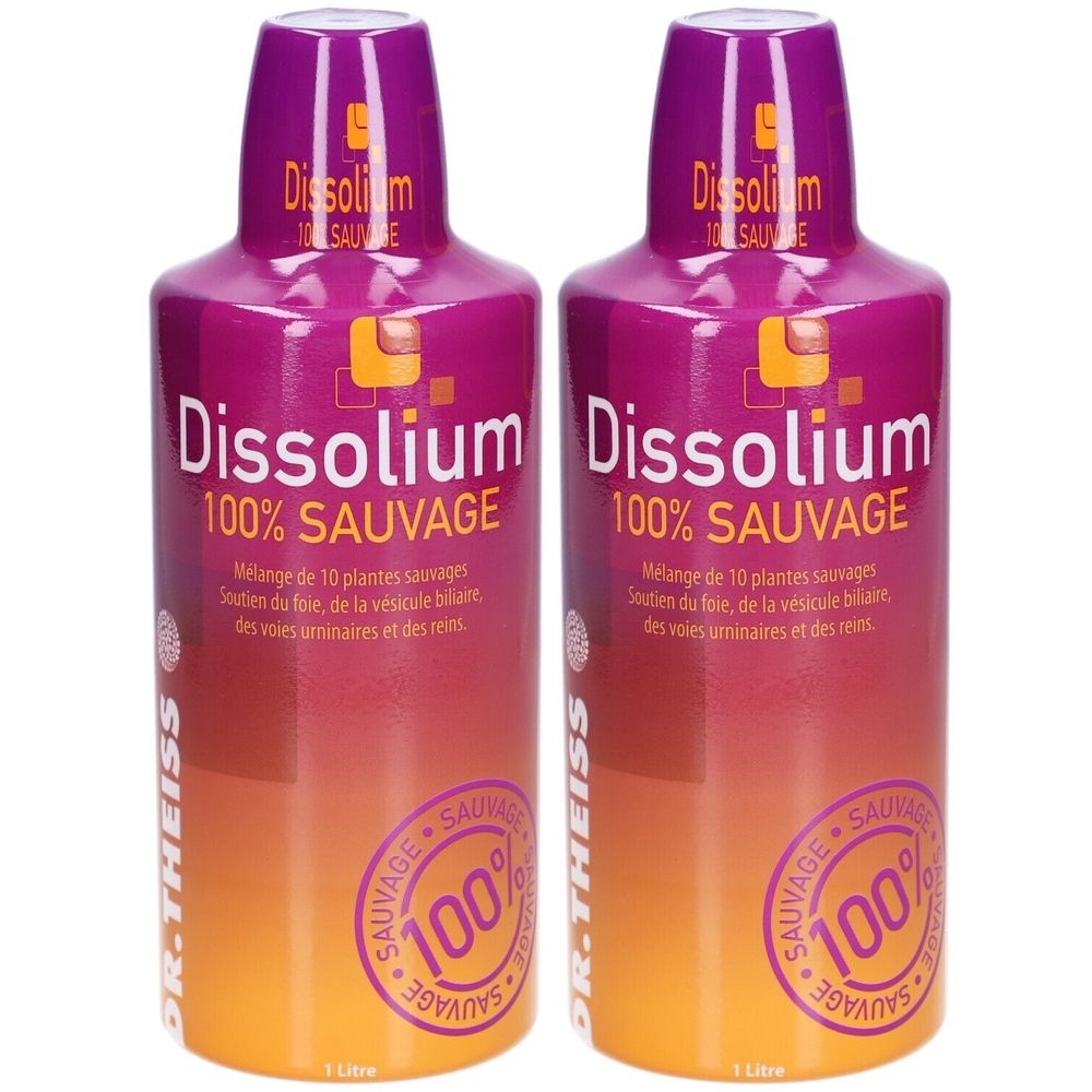 Deux flacons avec étiquette violette et orange. Inscription: Dissolium 100% Sauvage. Marque: Dr. Theiss.
