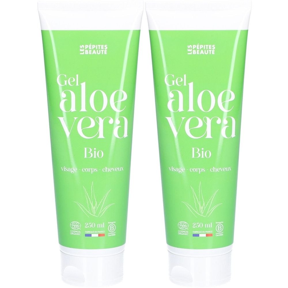 Deux tubes de gel vert avec inscription Aloe Vera. Texte: Bio, visage corps cheveux. En bas: 250 ml, drapeau français.