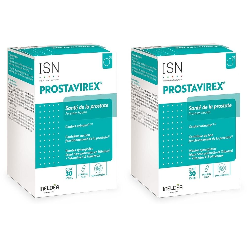 Deux boîtes rectangulaires PROSTAVIREX. Inscriptions : ISN, Santé de la prostate, 30 gélules. Design turquoise et blanc.