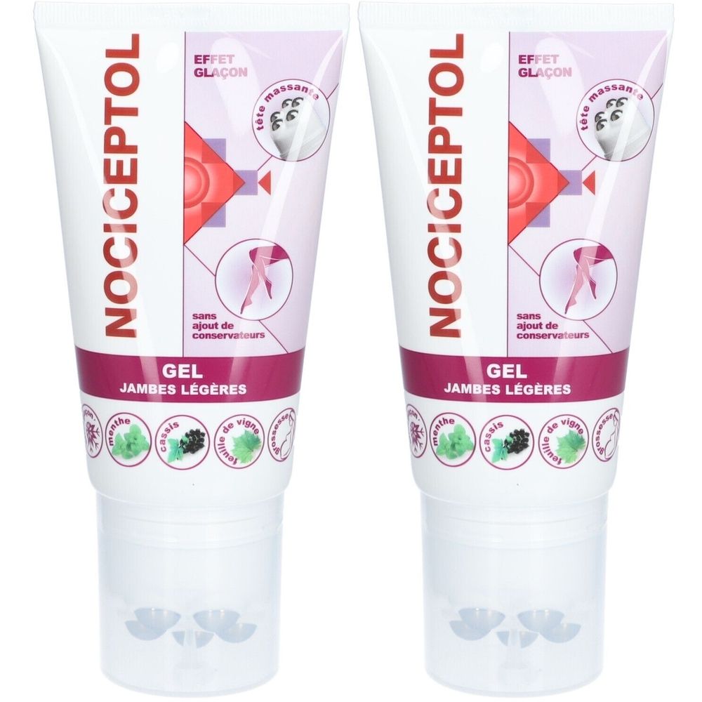 Deux tubes de gel. Inscription Nociceptol, Gel Jambes Légères. Avec illustrations et texte.