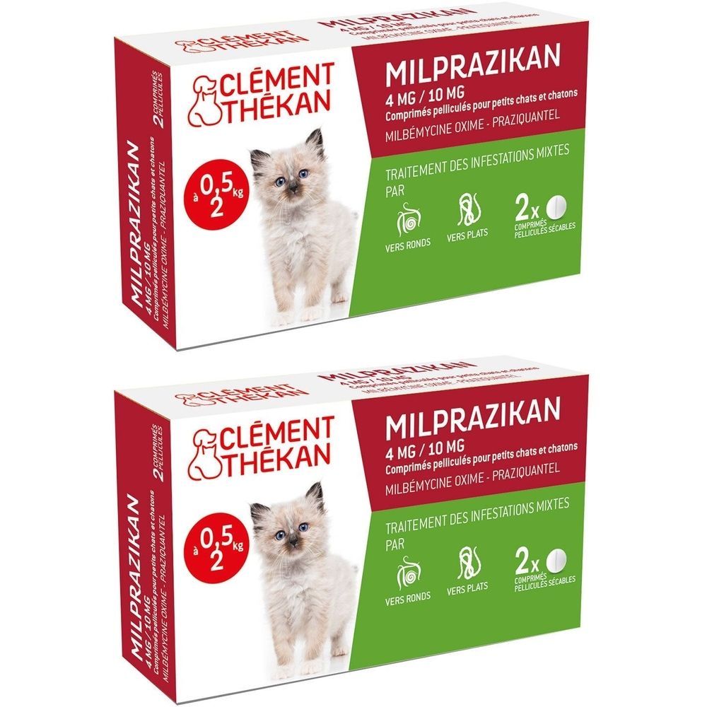 Deux boîtes de Clement Thékan Milprazikan pour chatons. Chaque boîte présente un chaton.