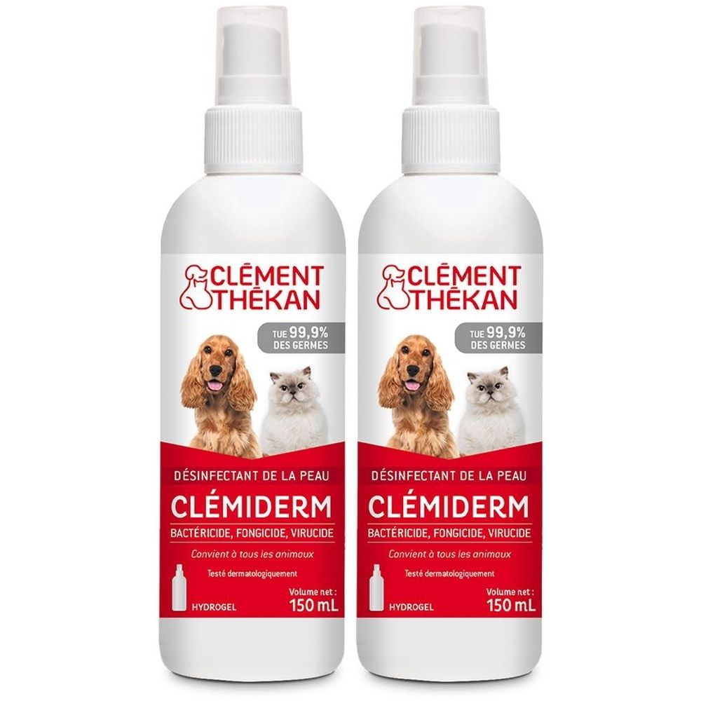 Deux flacons spray blancs avec étiquette rouge. Inscription : Clémiderm, désinfectant pour la peau. Images d'un chien et d'un chat.