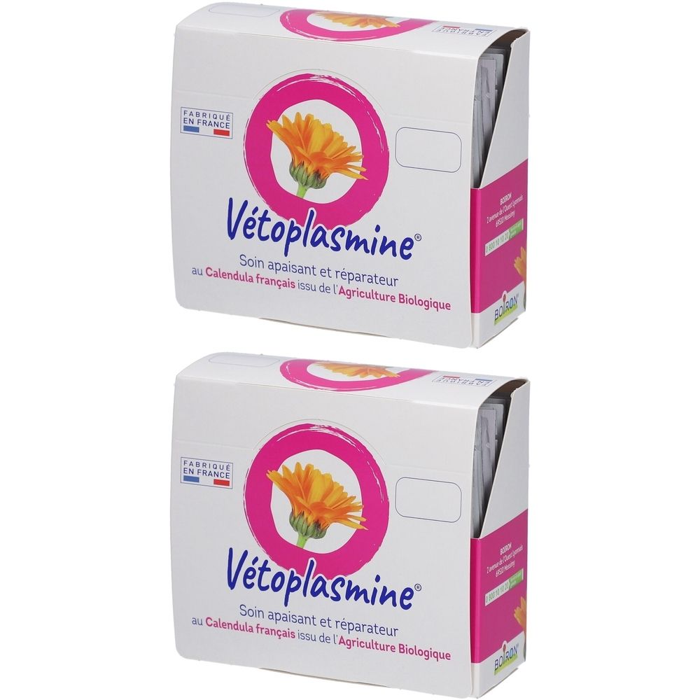 Deux boîtes blanches avec des accents roses. Inscription : Vétoplasmine, soin apaisant et réparateur. Calendula français issu de l'Agriculture Biologique.