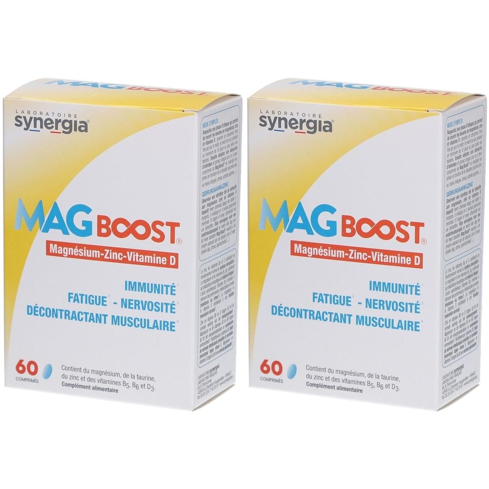 Deux boîtes de "MAG BOOST". Inscription : Magnésium-Zinc-Vitamine D, 60 comprimés. Marque : Synergia.