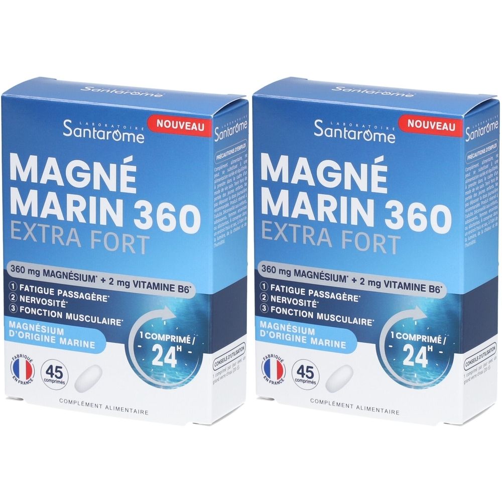 Deux boîtes de Santarome Magné Marin 360 Extra Fort. Emballage bleu avec texte blanc. Contient 45 comprimés.