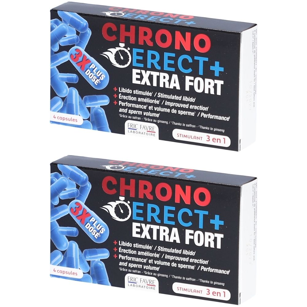 Deux boîtes de gélules bleues. Inscription: CHRONO ERECT+ EXTRA FORT. Contient 4 gélules. Marque: ERIC FAVRE. Stimulant 3 en 1.