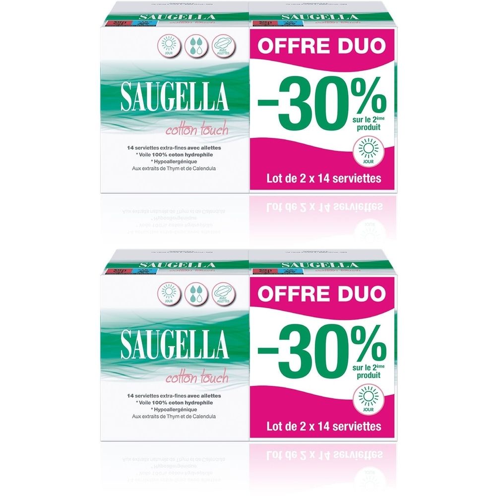Deux boîtes de serviettes hygiéniques Saugella Cotton Touch. Inscription 'OFFRE DUO -30%' et 'Lot de 2 x 14 serviettes'.