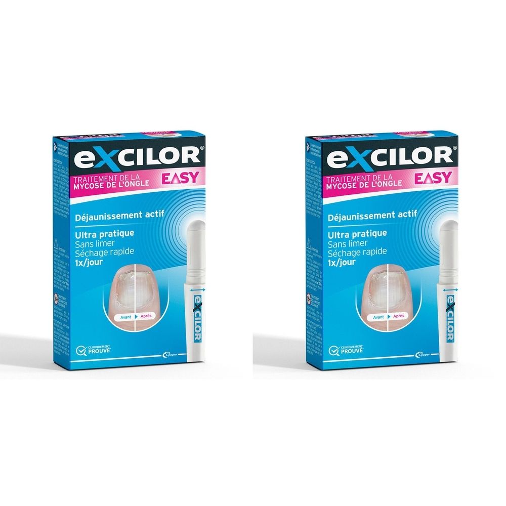 Deux boîtes du produit EXCILOR EASY. Emballage bleu avec texte blanc. Contient un applicateur. Inscription : Traitement de la mycose de l'ongle.