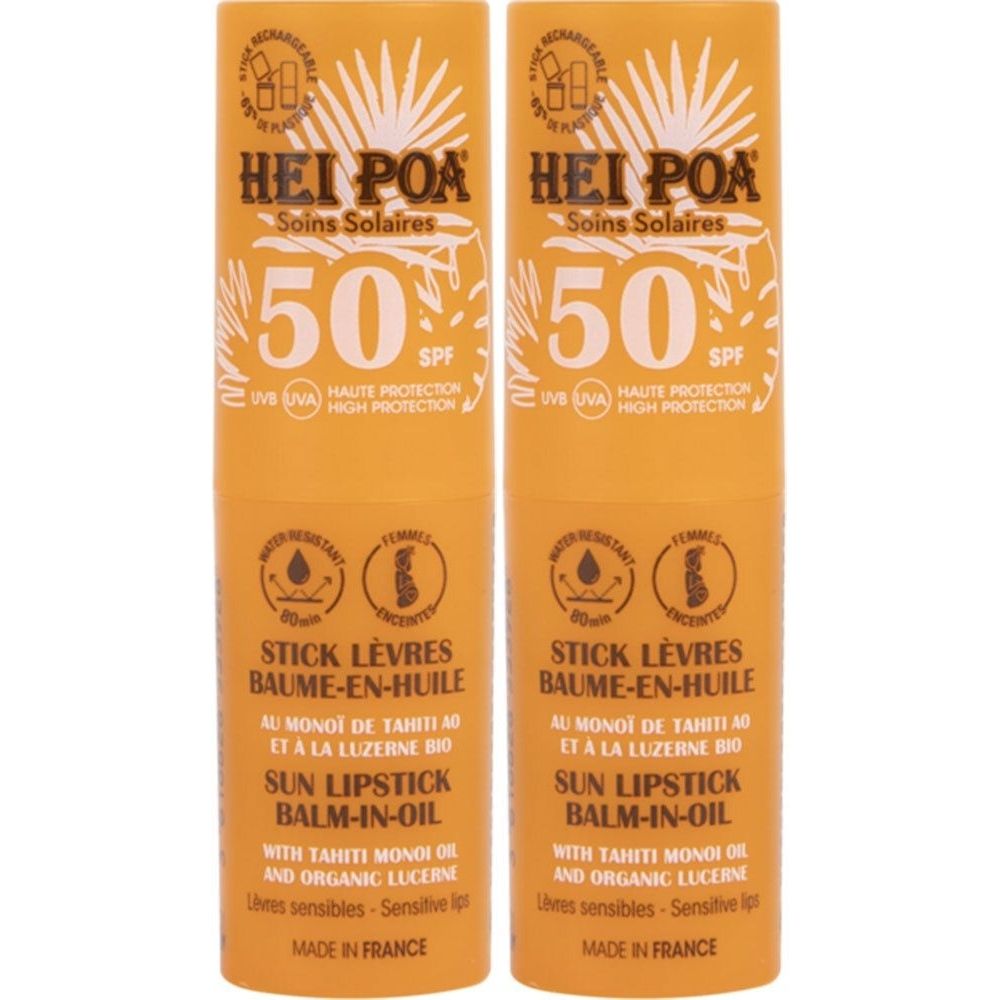 Deux sticks de baume à lèvres solaire. Emballage jaune avec texte blanc. Inscription : SPF 50, Stick Lèvres, Sun Lipstick Balm-in-Oil.