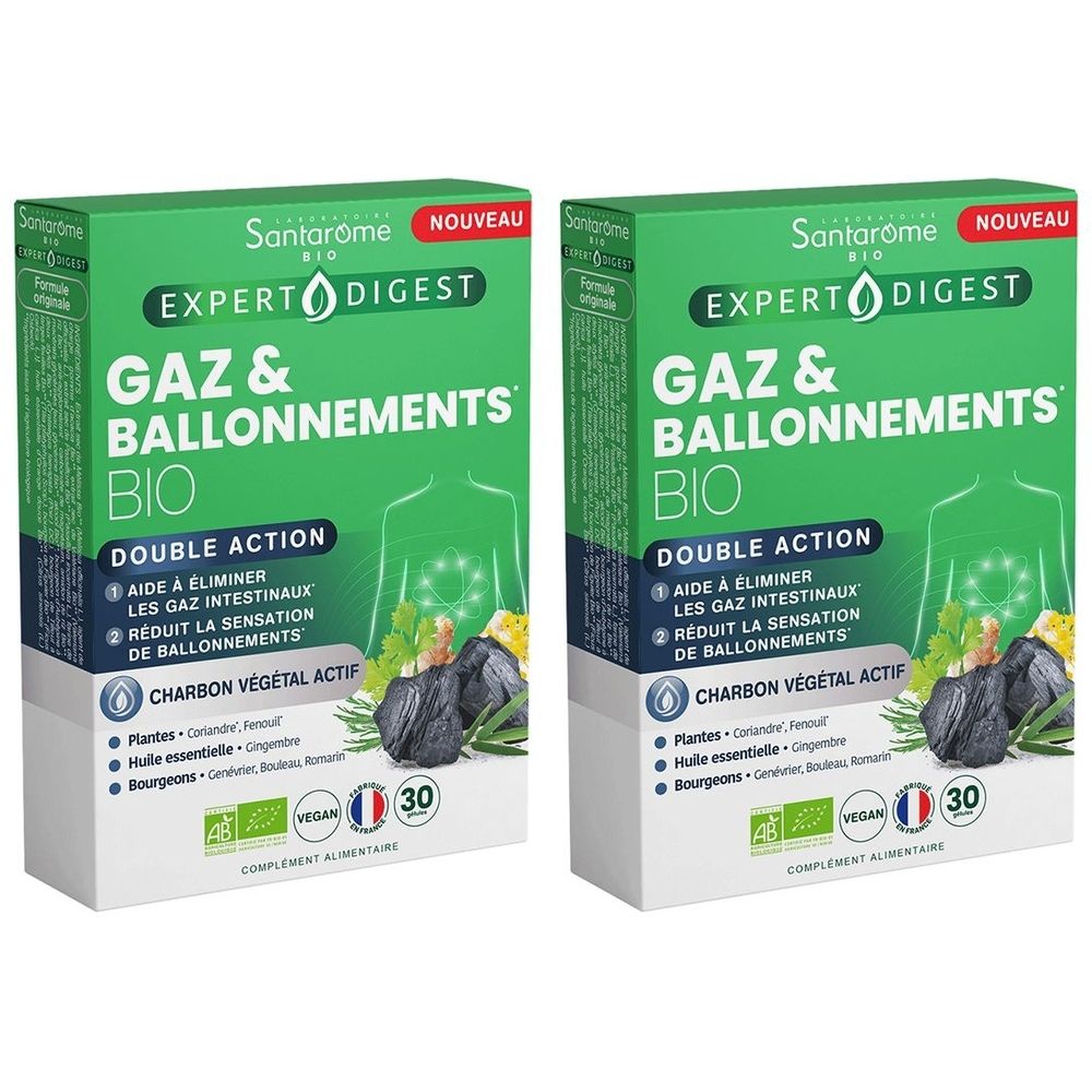 Deux boîtes vertes avec informations produit. Inscription: Expert Digest, Gaz & Ballonnements Bio, Double Action. Contient 30 comprimés.