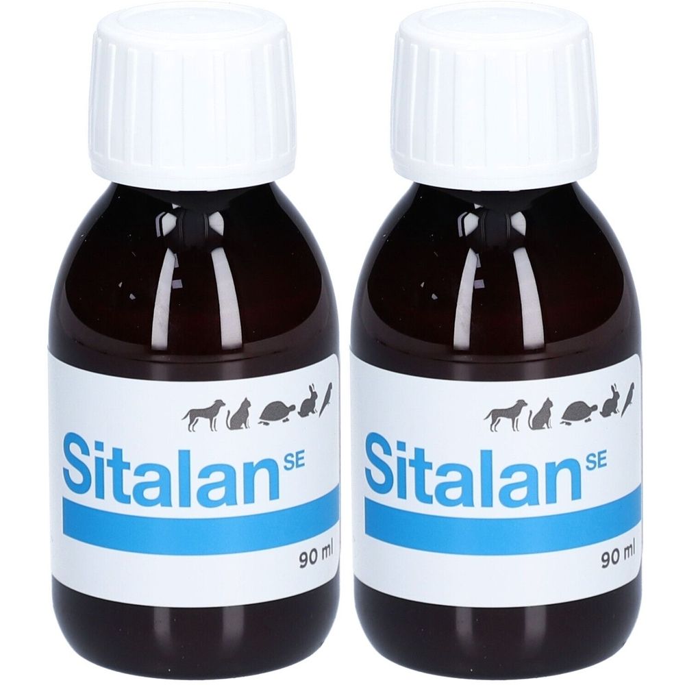 Deux flacons bruns avec bouchons blancs. Étiquette "Sitalan SE" avec silhouettes d'animaux. Contenance 90 ml.