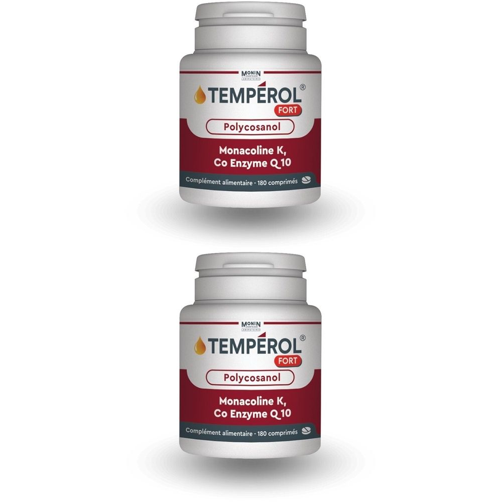 Deux flacons blancs avec étiquette rouge. Inscription: TEMPÉROL FORT, Polycosanol, Monacoline K, Co Enzyme Q10.
