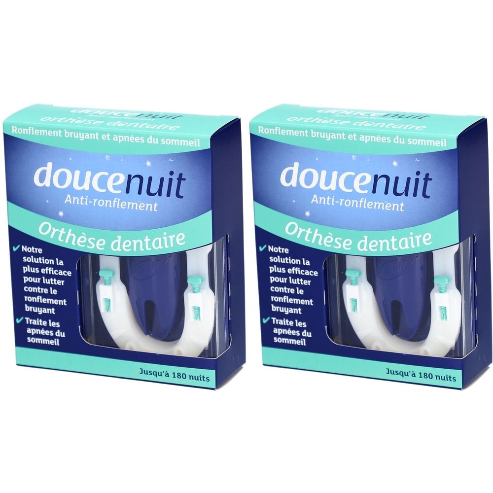 Deux boîtes de "doucenuit Anti-ronflement". Chaque boîte contient une orthèse dentaire. Texte : "Orthèse dentaire", "Jusqu'à 180 nuits".
