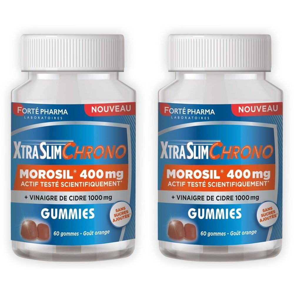 Deux flacons avec bouchons blancs et étiquettes bleues et blanches. L'étiquette indique "XtraSlim Chrono Morosil 400 mg Gummies".