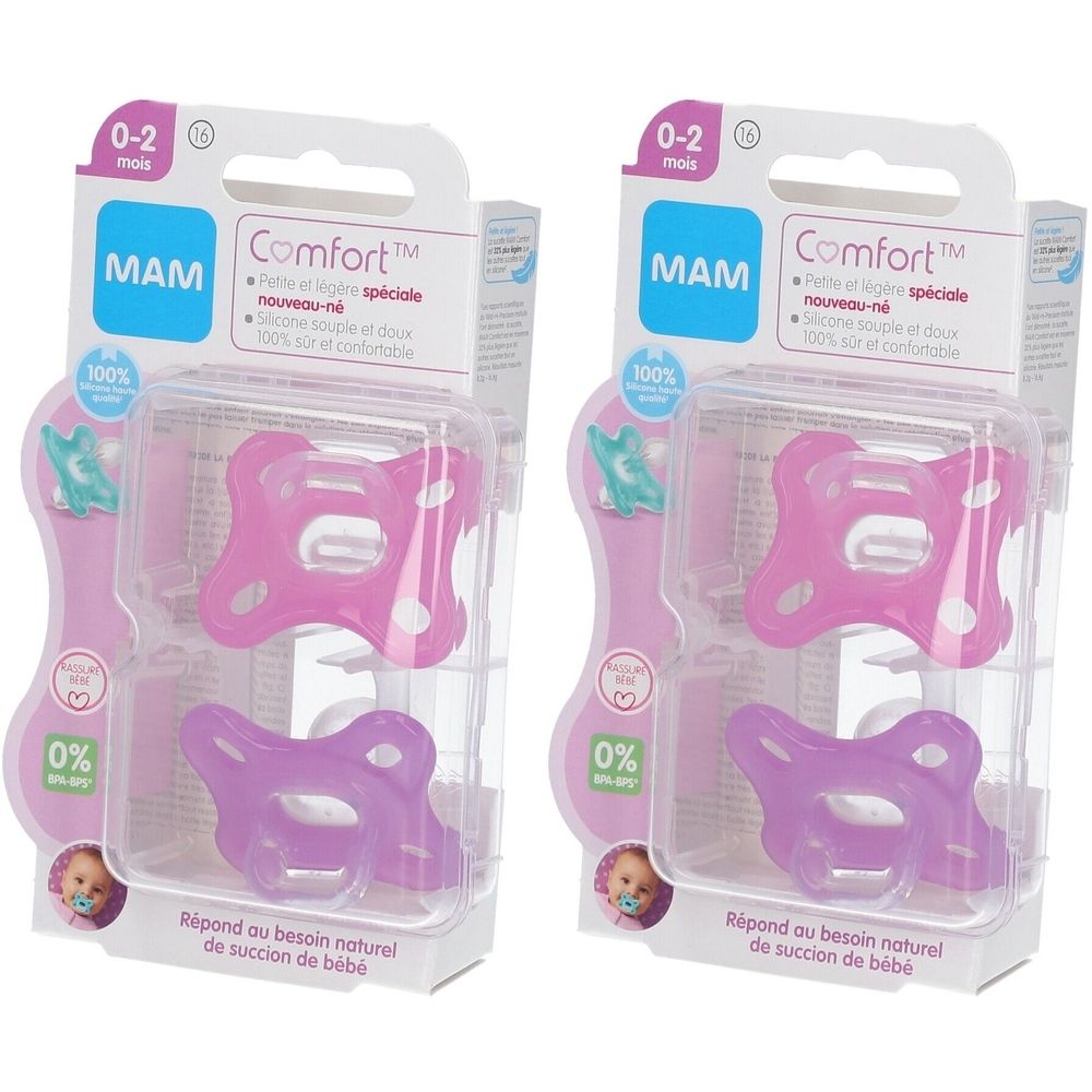 Deux sucettes MAM Comfort en emballage. Sucettes en silicone rose et violet pour 0-2 mois. Emballage avec informations produit.