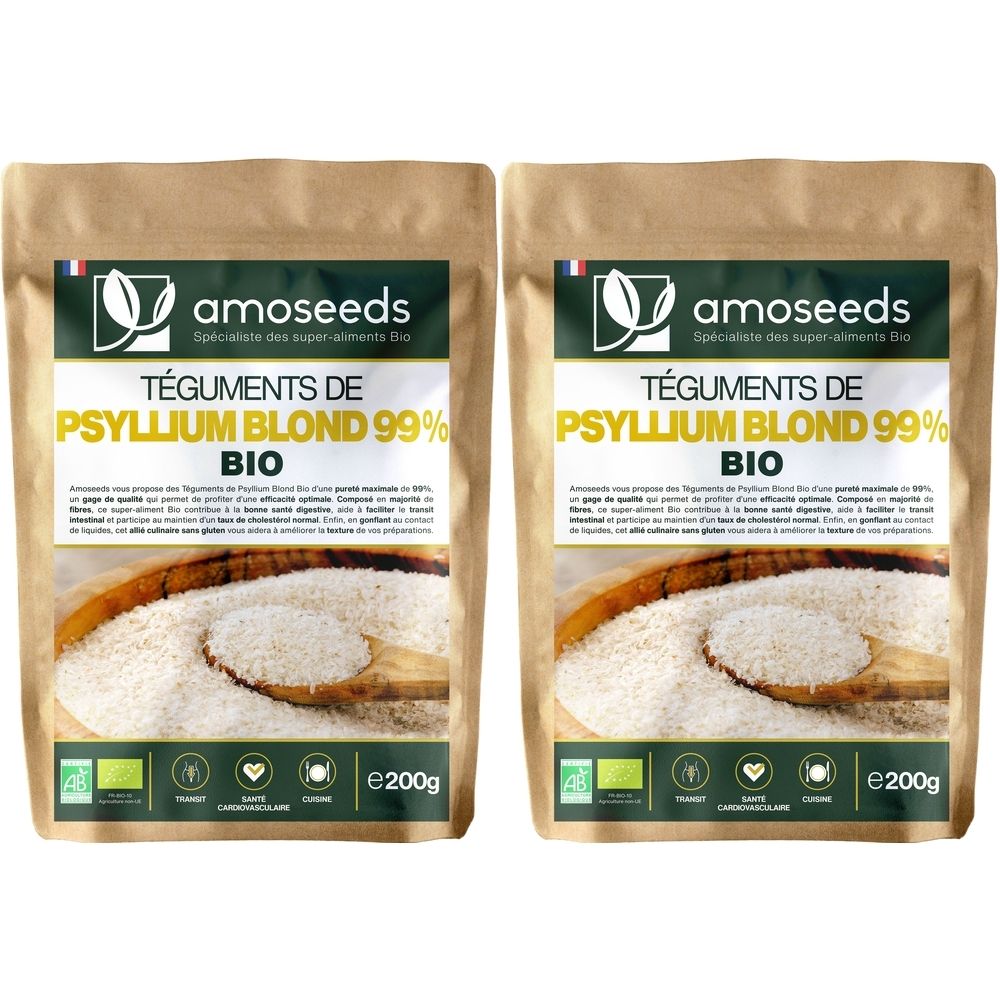 Deux sachets de "Téguments de Psyllium Blond 99% Bio" amoseeds. Inscriptions : logo bio, e200g.