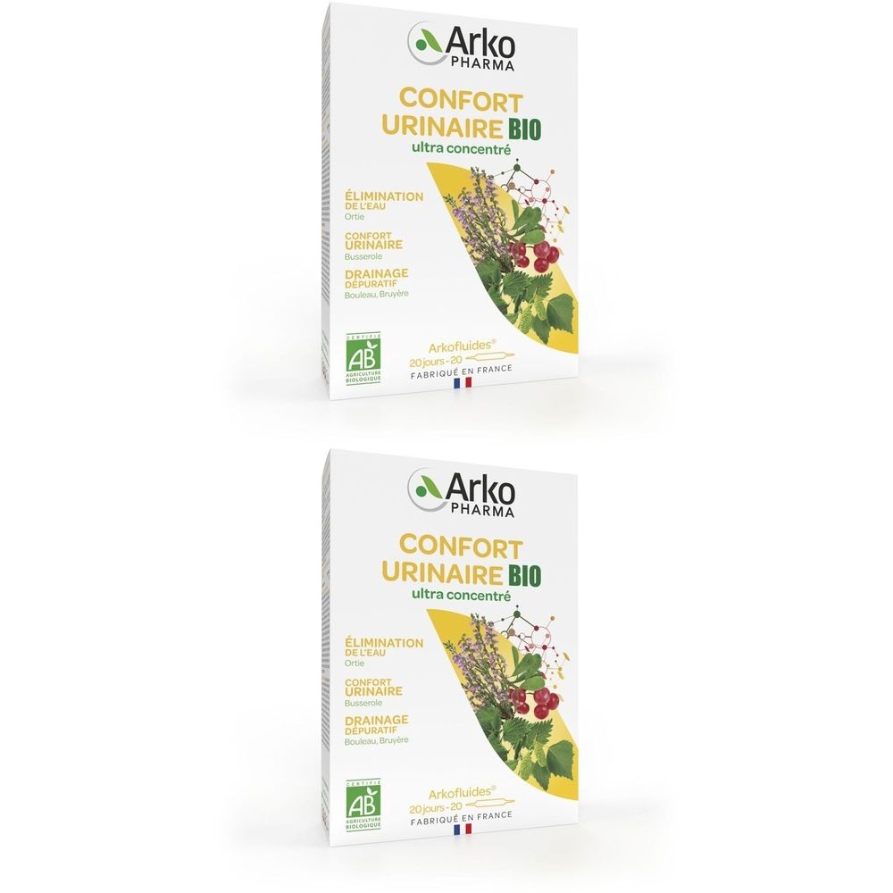 Deux boîtes blanches avec texte. Confort Urinaire Bio, ultra concentré. Logo Arko Pharma. Certification AB Bio. Drapeau français.