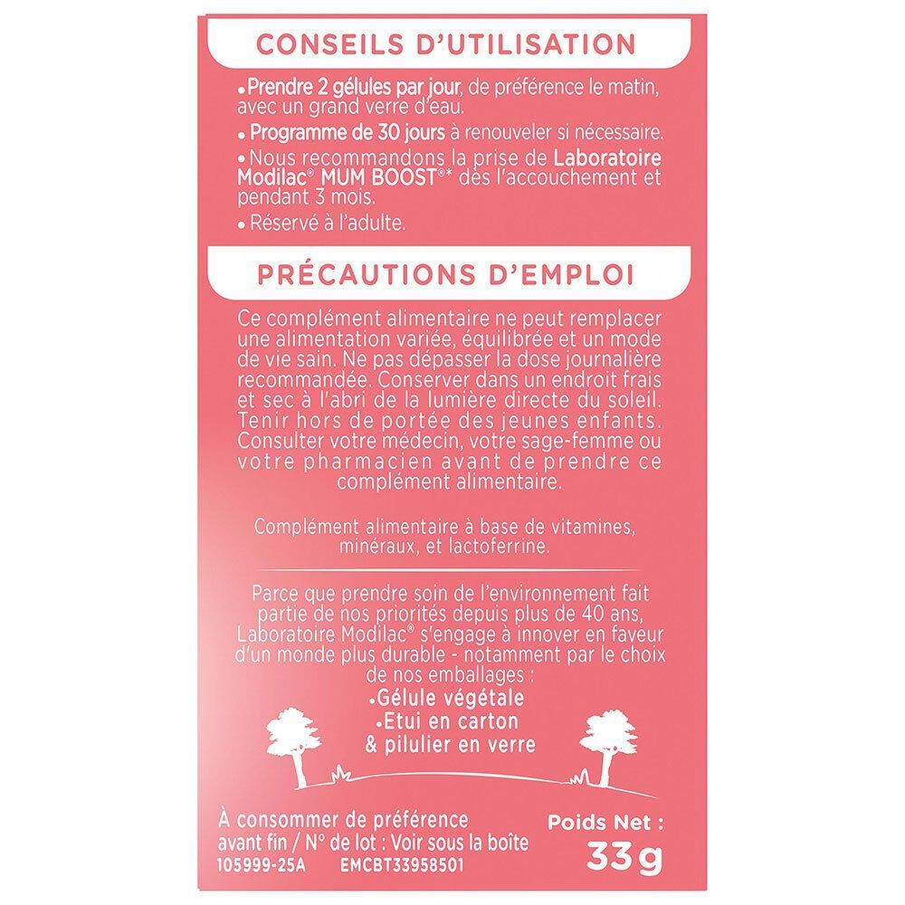 Modilac Mumboost Vitalité & Bien-être Post-Partum, dos avec conseils d'utilisation.