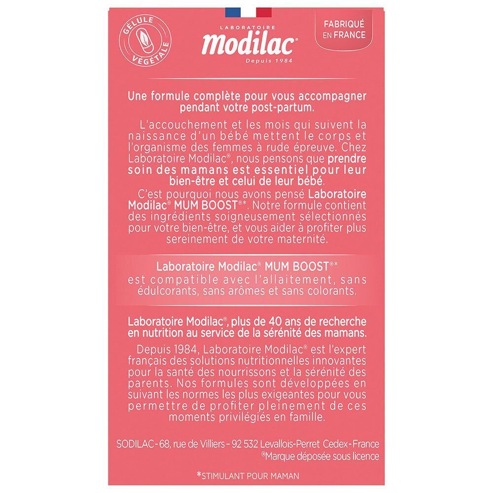 Modilac Mumboost Vitalité & Bien-être Post-Partum, dos avec informations produit.