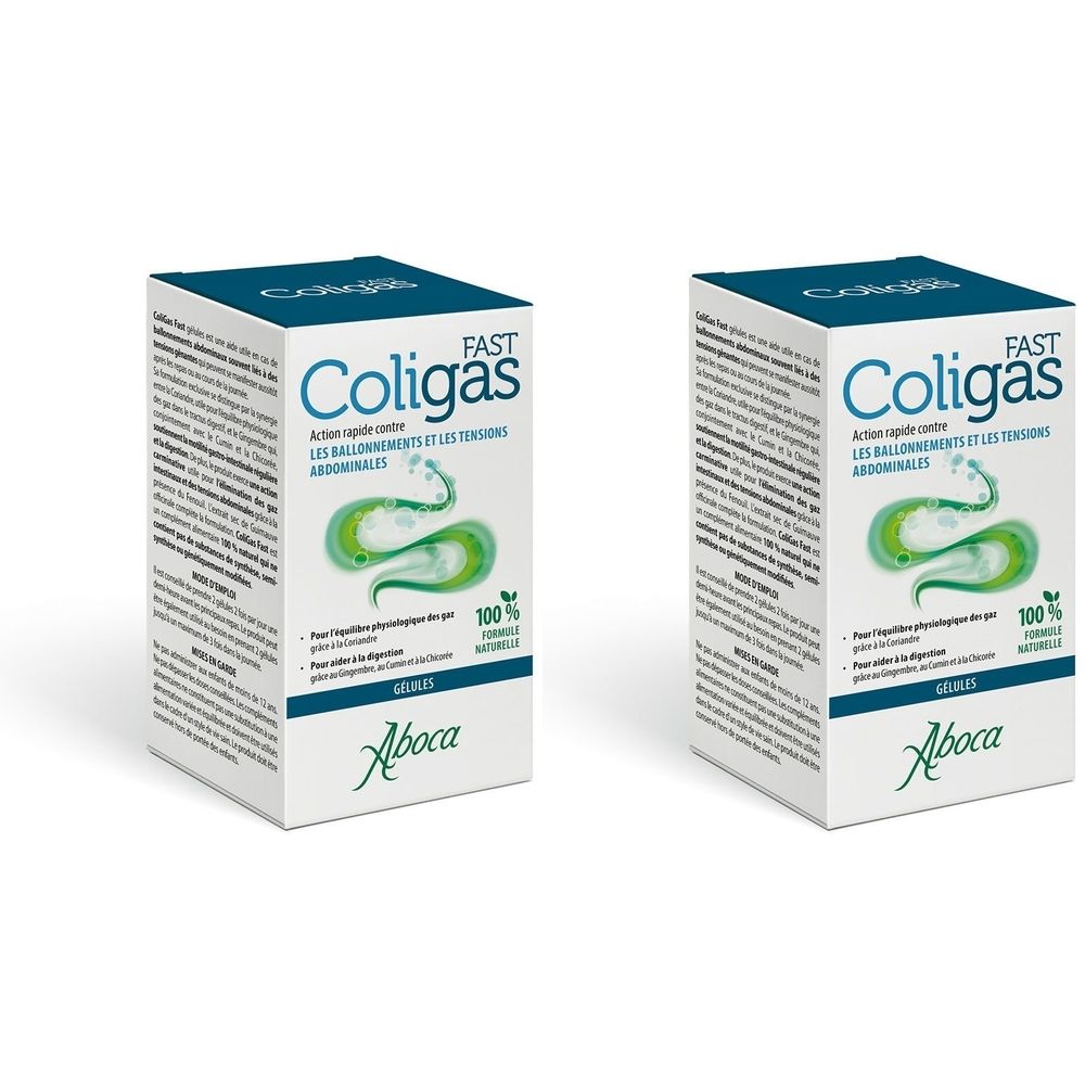 Deux boîtes rectangulaires avec l'inscription "ColiGas Fast". Des illustrations vertes en forme de vagues sont visibles sur l'emballage.