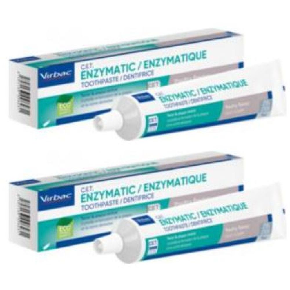 Deux tubes et boîtes de dentifrice. "ENZYMATIC/ENZYMATIQUE" est écrit sur les tubes et les boîtes. La marque est Virbac.