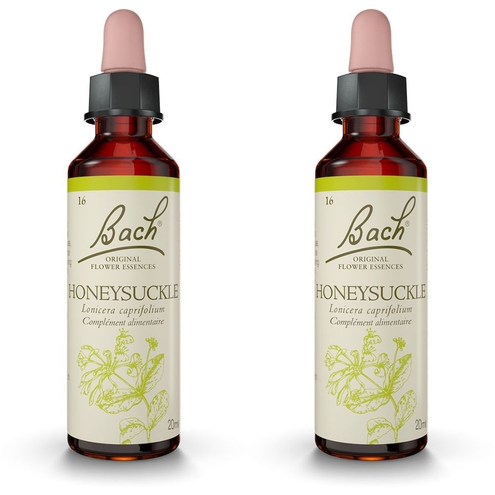 Deux flacons avec compte-gouttes. Inscription: Bach Original Flower Essences Honeysuckle. Illustration florale.