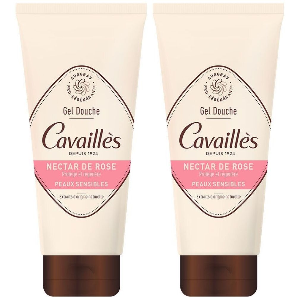 Deux tubes de gel douche. Inscription : Gel Douche, Cavaillès, Nectar de Rose, Peaux sensibles. Coloris beige-rose.
