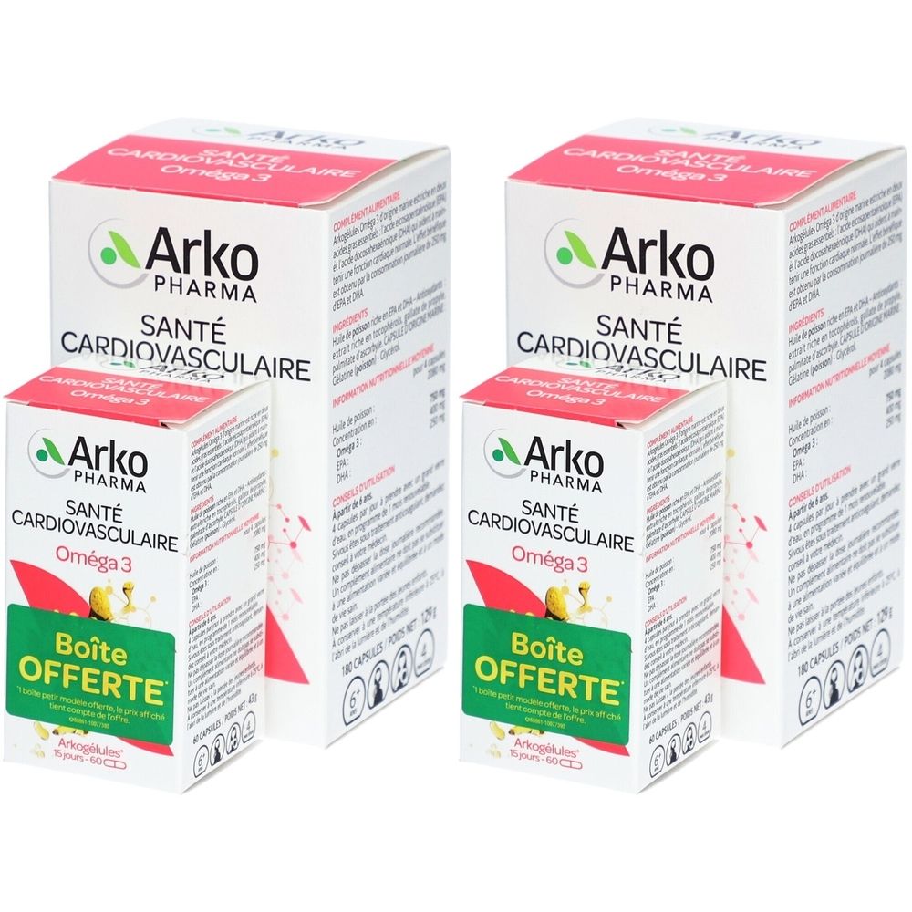 Deux boîtes et deux petites boîtes. Inscription: Arko Pharma, Santé Cardiovasculaire, Oméga 3. Sur les petites boîtes: Boîte OFFERTE.