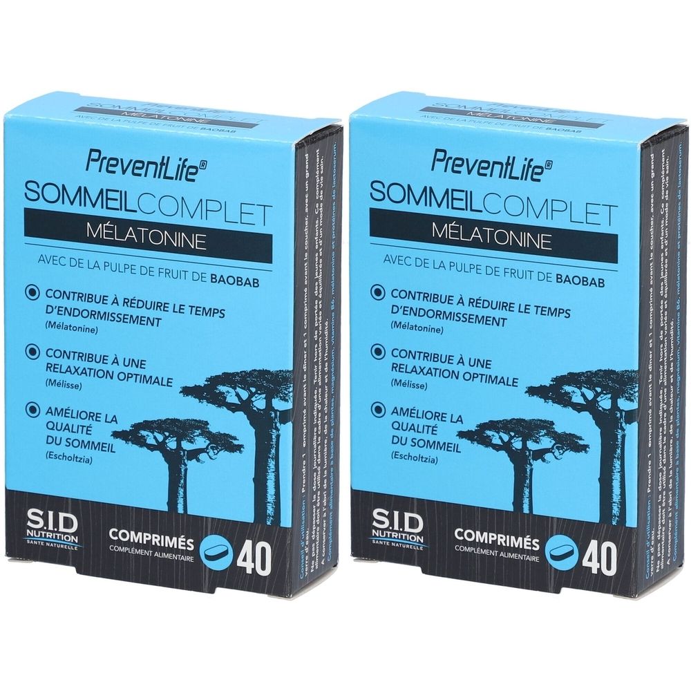 Deux boîtes de PreventLife Sommeil Complet Mélatonine. Emballage bleu avec texte blanc. Contient 40 comprimés.