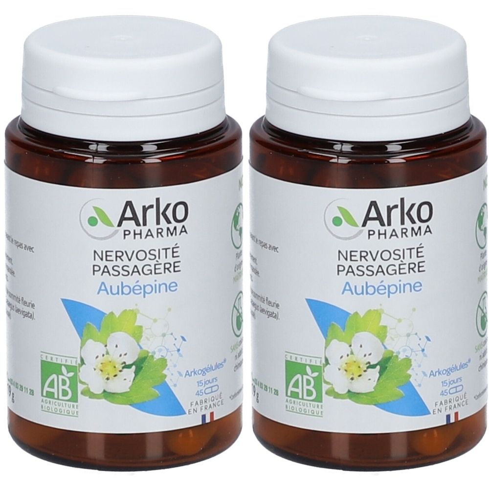Deux flacons bruns avec des couvercles blancs. Étiquettes avec "Arko Pharma", "Nervosité Passagère Aubépine" et un label bio.