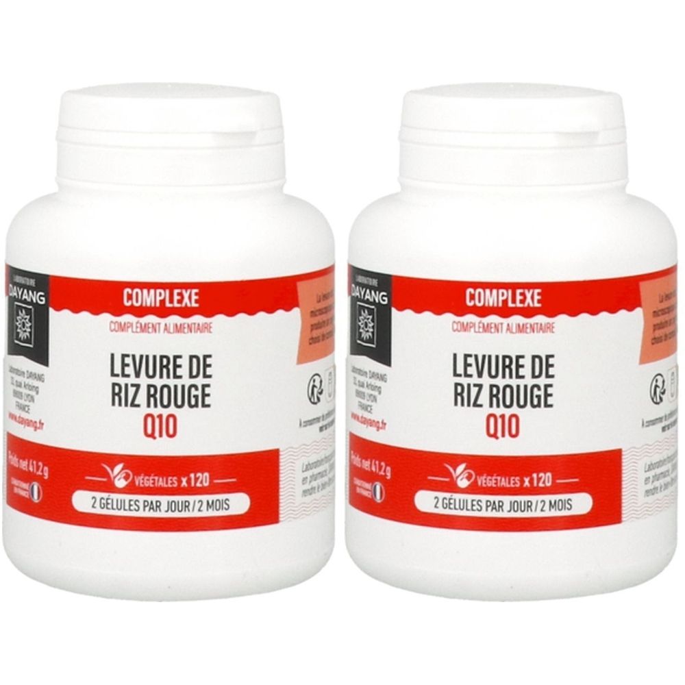 Deux flacons blancs avec étiquettes rouges et noires. Inscription: Levure de Riz Rouge Q10, complément alimentaire.