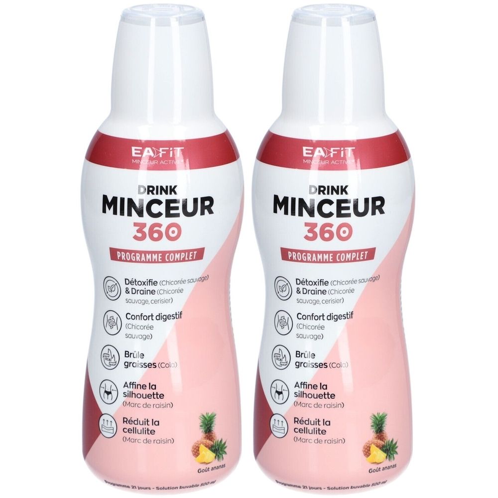 Deux bouteilles de Eafit Drink Minceur 360. Inscription : Drink Minceur 360, Programme Complet. Goût Ananas. Bouteilles roses et blanches avec texte rouge.