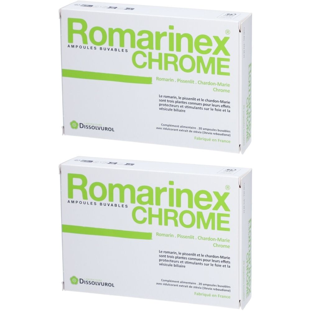 Deux boîtes blanches avec texte vert. Inscription: Romarinex Chrome. Ingrédients: Romarin, Pissenlit, Chardon-Marie. Marque: Dissolvurol.