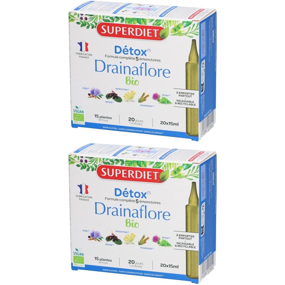 Deux boîtes de produit. Inscriptions: SUPERDIET, Détox, Drainaflore Bio. Contient 20 ampoules de 15ml.
