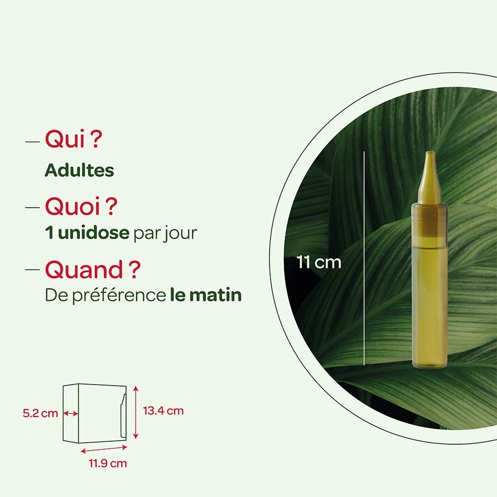 Dimensions d'une unidose Superdiet Drainaflore Bio (11cm) et de sa boîte (13.4x11.9x5.2cm).