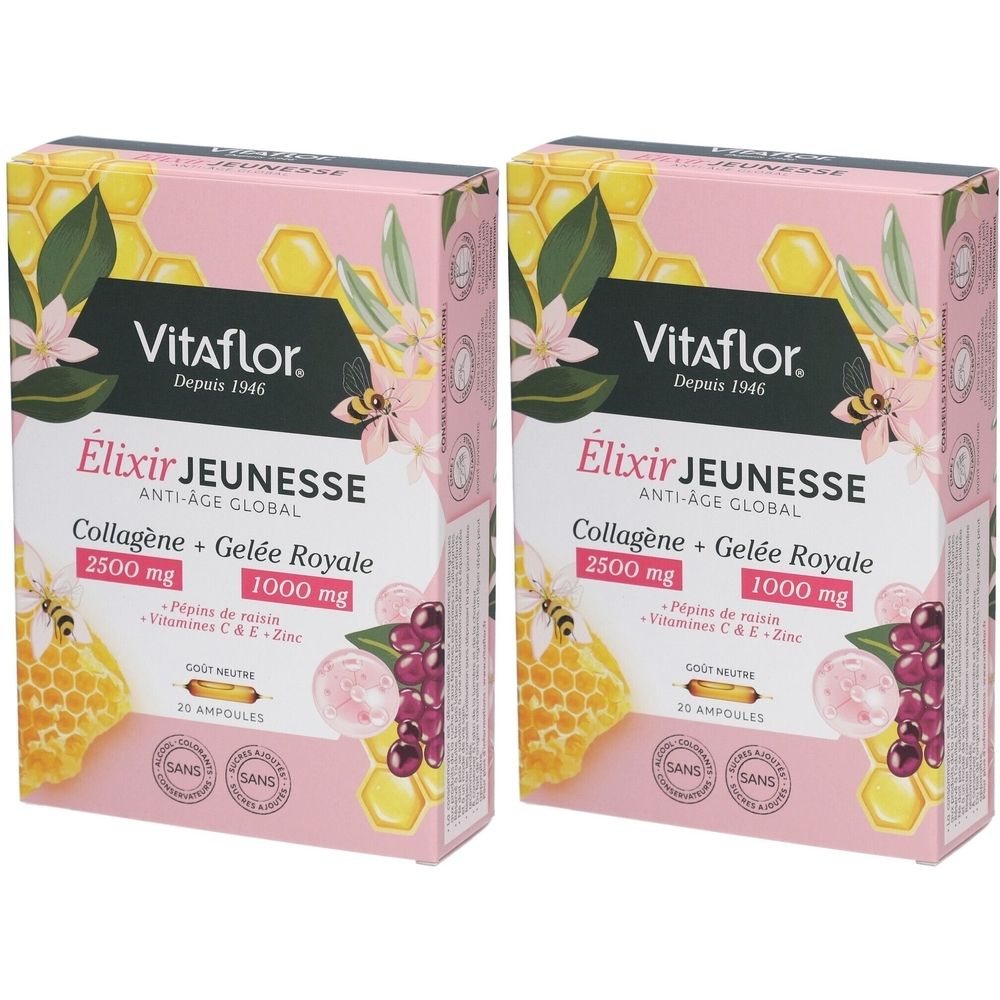 Deux boîtes Vitaflor Elixir Jeunesse. Emballage rose avec nom du produit, ingrédients et logo. Collagène 2500 mg, Gelée Royale 1000 mg.