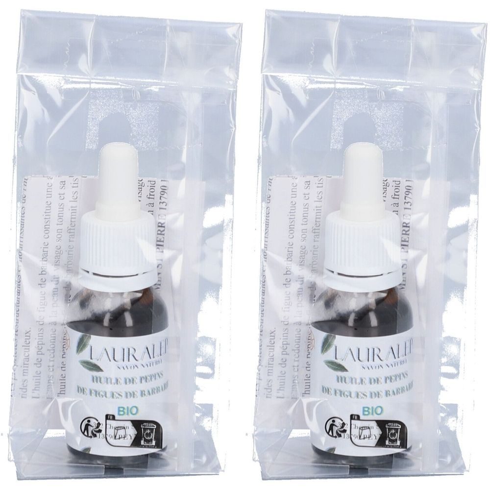 Deux flacons avec pipette dans un emballage plastique. Inscription : Lauralep Huile de pépins de figues de Barbarie bio.