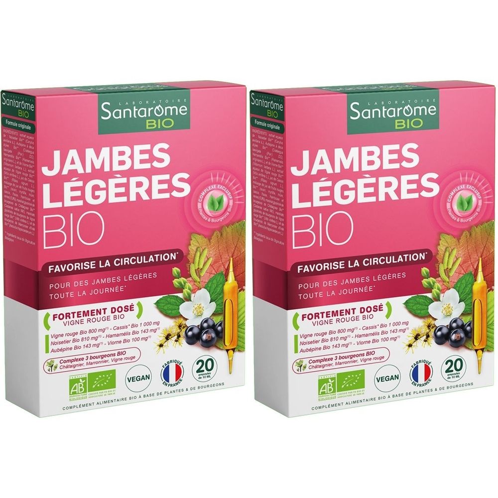 Deux boîtes roses "JAMBES LÉGÈRES BIO". Contient 20 ampoules. Labels AB et Vegan. Marque Santarome.